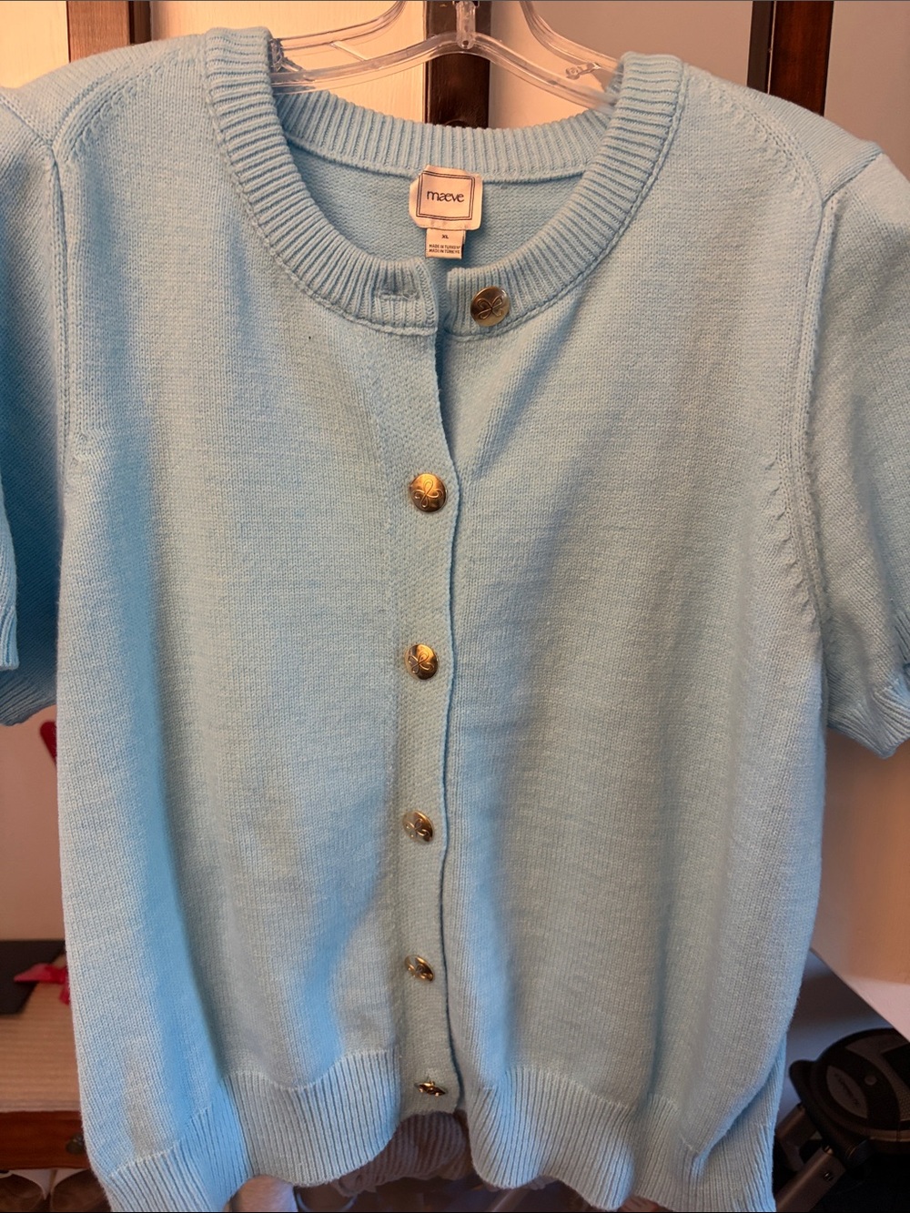 Maeve Sky Blue Short-Sleeve Button Front Cardigan. Almost like new